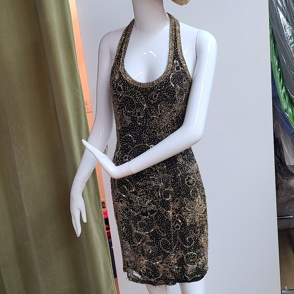 Black Tie Oleg Cassini 100% Silk Gold Beaded Dress Size 6